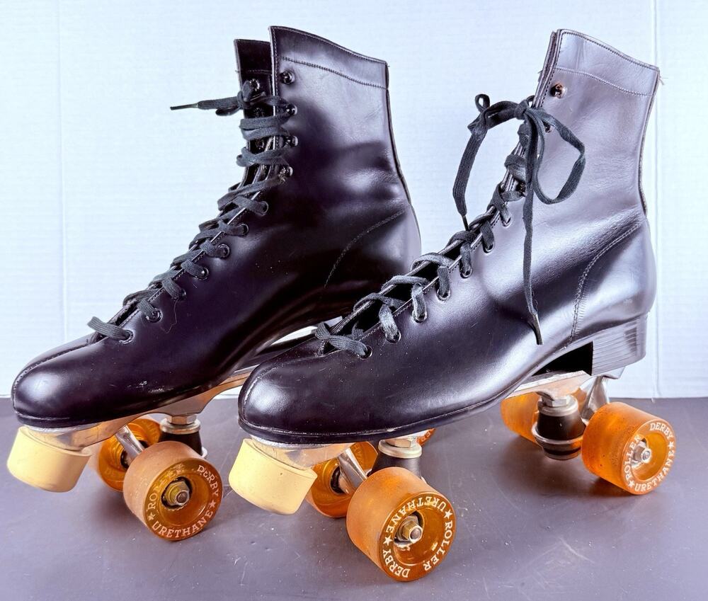 Rare Roller Derby Skates Mens Size 10 Black Urethane Orange Wheels Quad Vintage